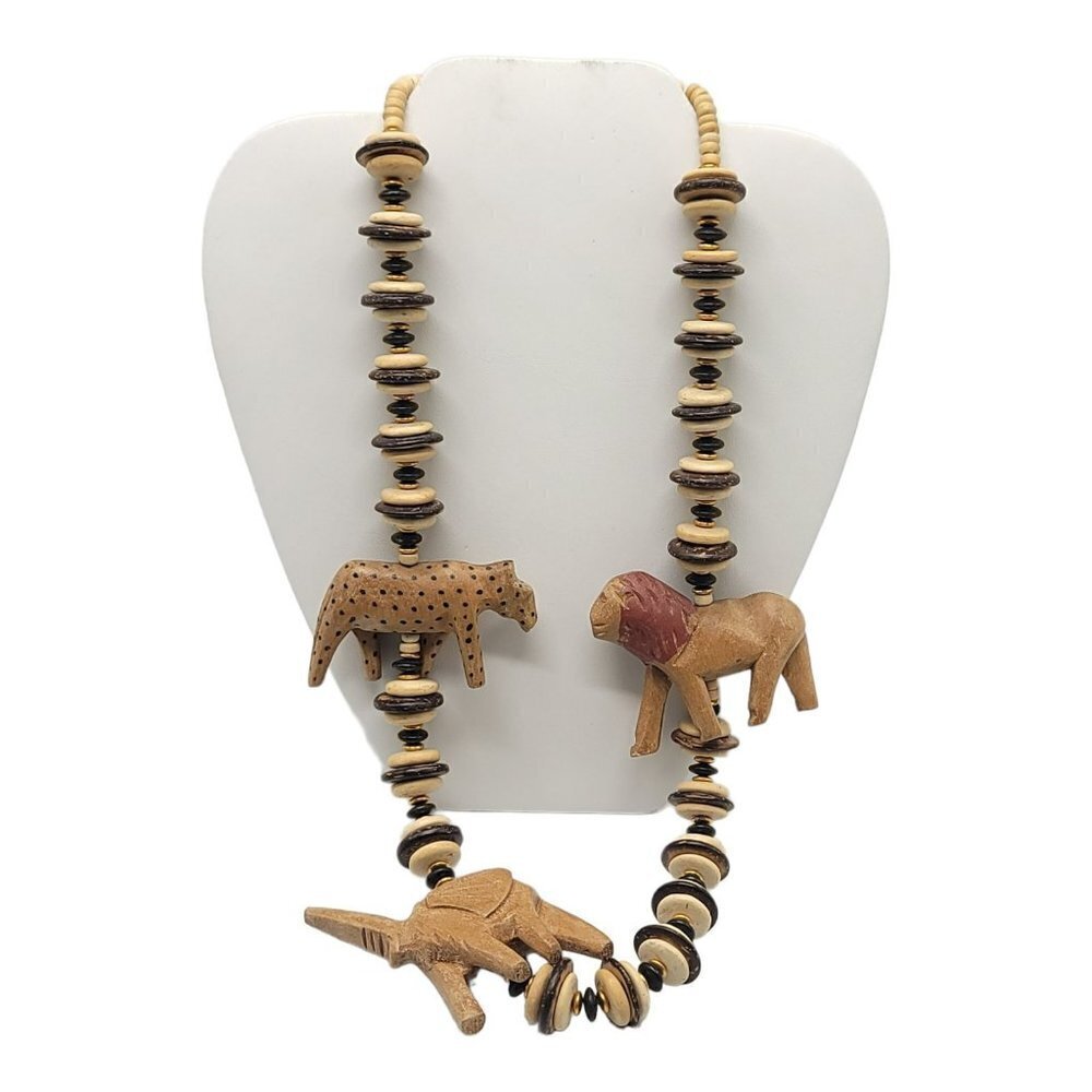 African Vintage Tribal BOHO Wood Animal Beaded Necklace Lion Elephant Cheetah